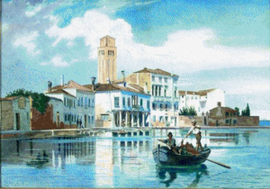 Набережная - люди, лодка, вода, дома - предпросмотр