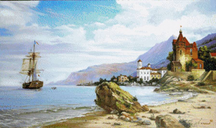 Парусник - люди, улица, город, живопись, море парусник, картина - предпросмотр