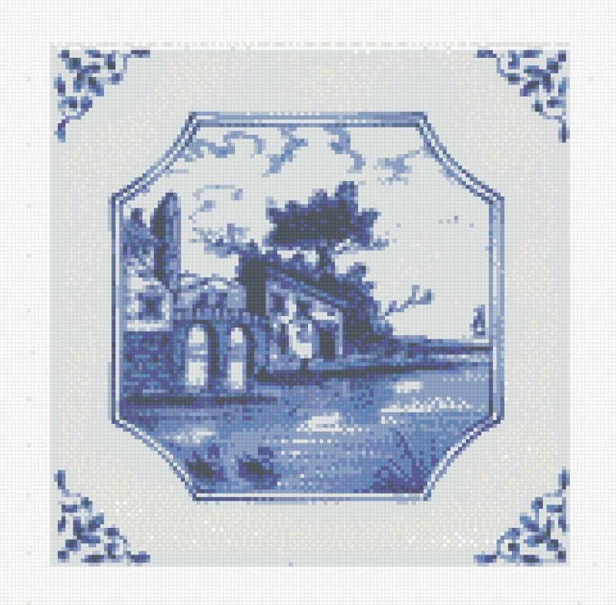 пейзаж в голубом - пейзаж, делфтский фарфор, голландия - предпросмотр