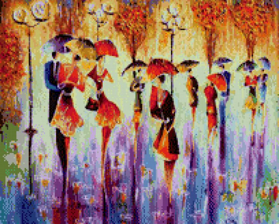 Счастливые зонты - искусство, дождь, живопись, город, картина - предпросмотр