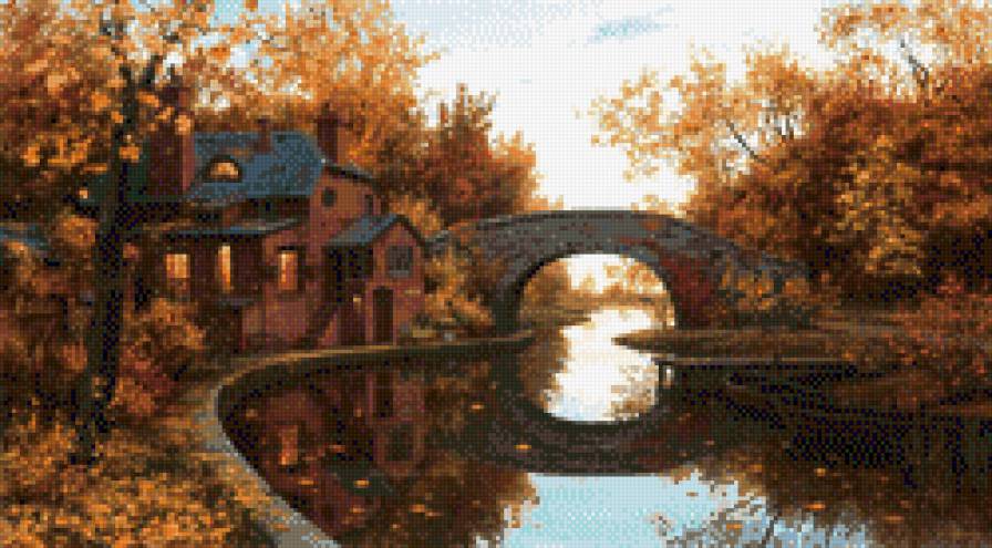 Природа - вода, дом, мост, пейзаж, красота, деревья - предпросмотр