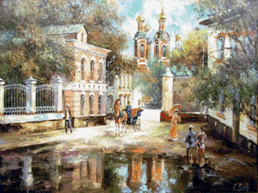 Старый город - городской пейзаж, живопись, картина, дождь, дворик, люди - предпросмотр