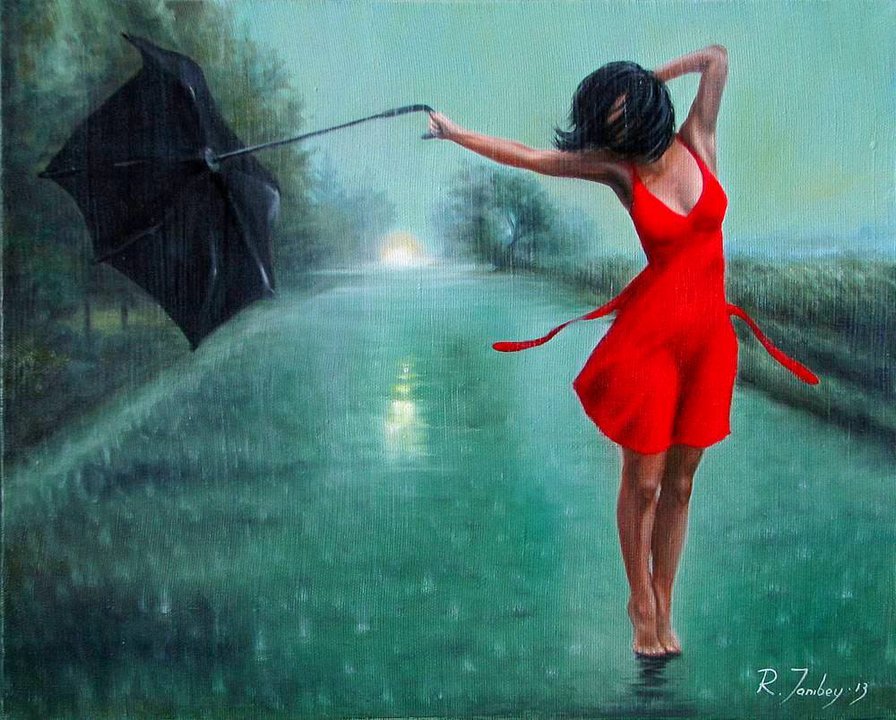 картины художников: музыка дождя - дорога, девушка, зонт, дождь - оригинал