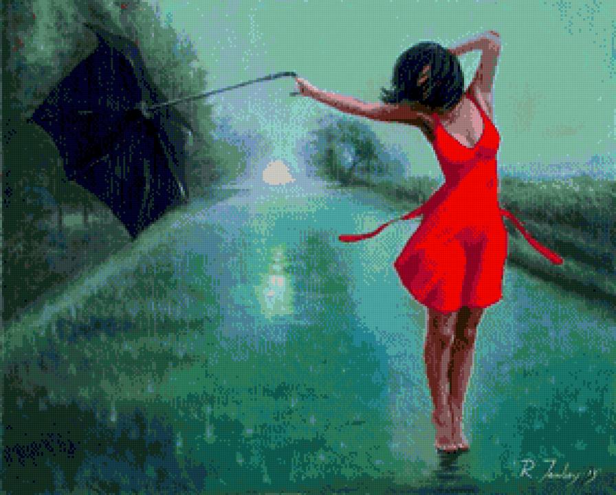 картины художников: музыка дождя - дождь, девушка, дорога, зонт - предпросмотр