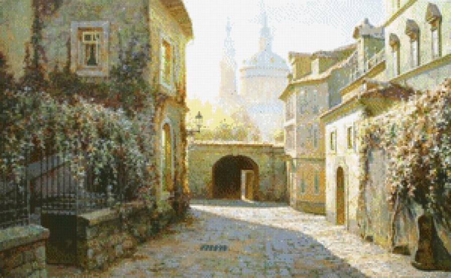 Дворик - город, картина, улица, живопись, городской пейзаж, люди - предпросмотр