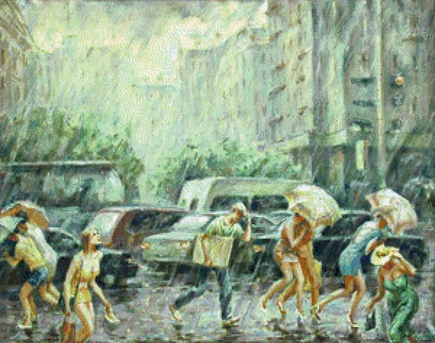 Дождь - живопись, люди, городской пейзаж, улица, город, картина - предпросмотр