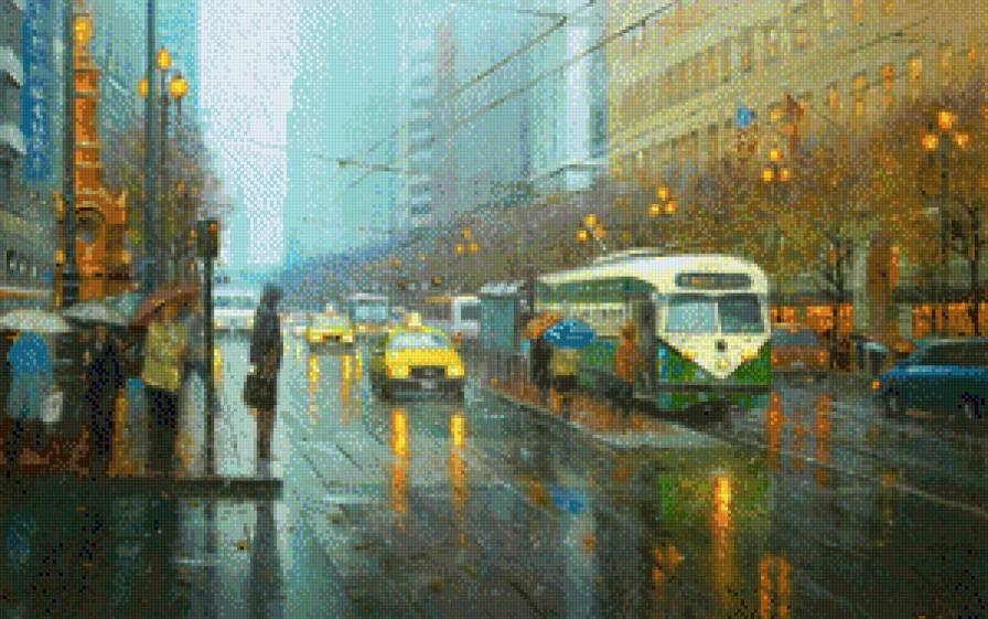 Вечерний город - улица, город, живопись, городской пейзаж, картина, люди - предпросмотр