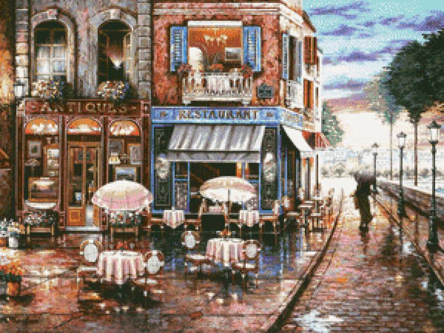 город,кафе - город, картина, улица, люди, живопись, городской пейзаж - предпросмотр