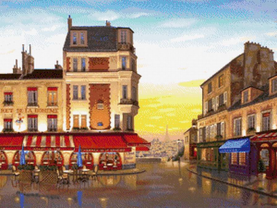 город - картина, живопись, вечер, город, городской пейзаж, люди, улица - предпросмотр