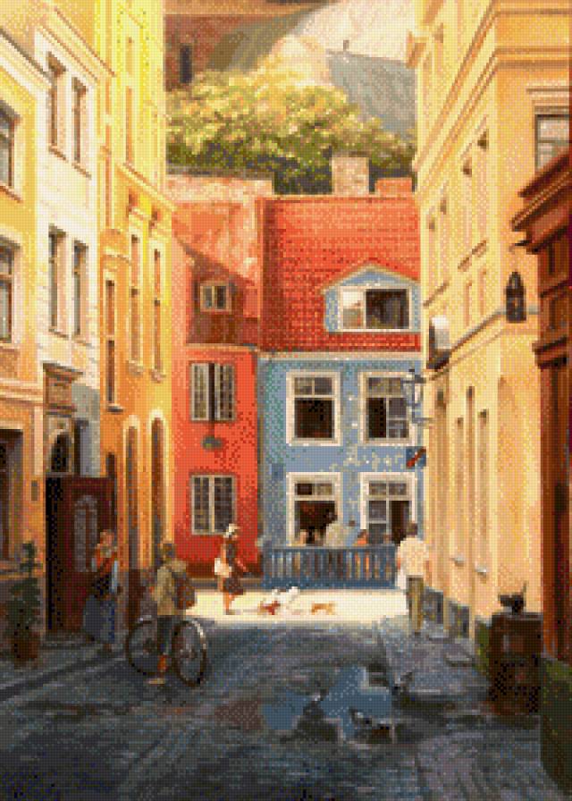 город - люди, городской пейзаж, картина, улочка - предпросмотр