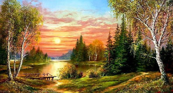закат - солнце, закат, лес, березы, река - оригинал