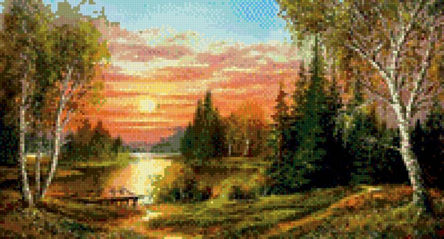 закат - закат, березы, лес, солнце, река - предпросмотр