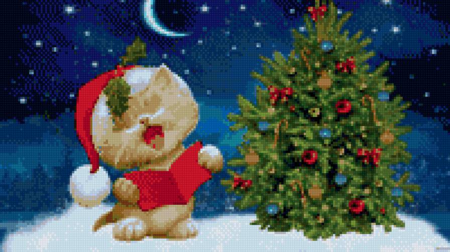 Новогодний кот - открытка, кот, кошка, новый год, снег, ночь, зима, небо, елка - предпросмотр