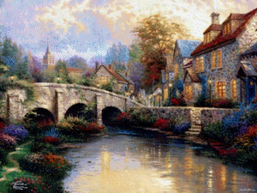 цветочный городок - пейзаж, река, город, цветы - предпросмотр