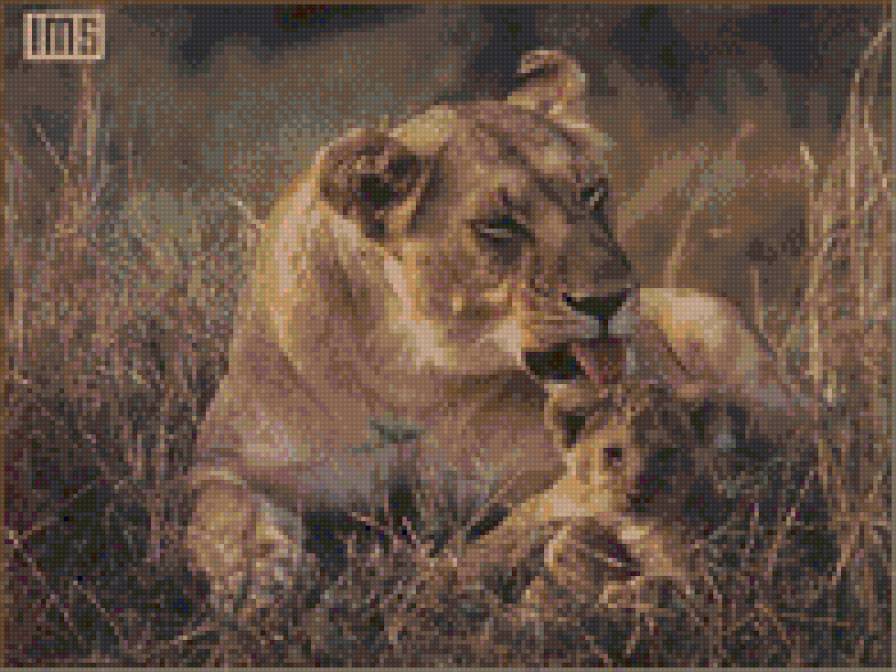 Львица с львенком - львица, лев, большие кошки - предпросмотр