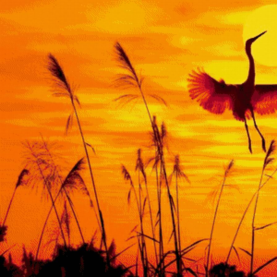 Журавли на закате (левая часть) - закат, пейзаж, птицы - предпросмотр