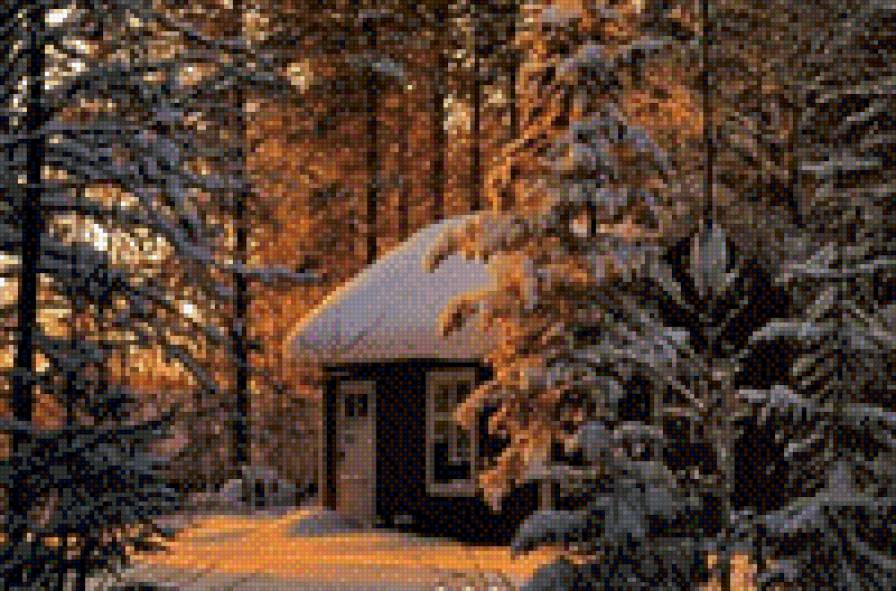 Зимний пейзаж - пейзаж, зимний лес, домик, лес, зима - предпросмотр