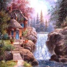 Схема вышивки «Дом и водопад (яркий)»