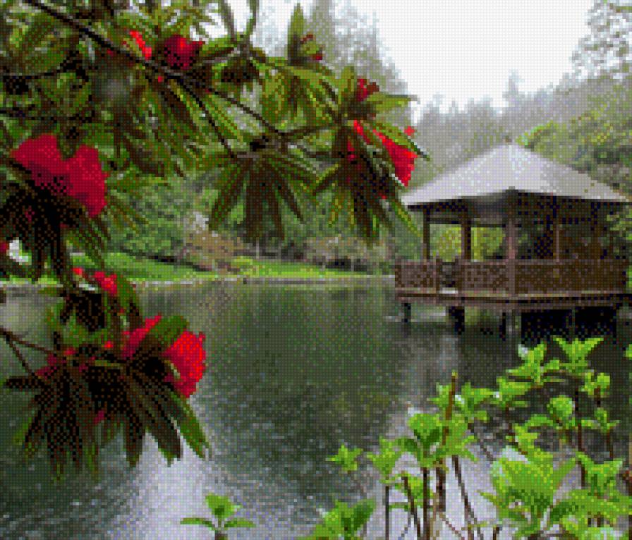 Беседка на воде - вода, беседка, ветка рододендрона - предпросмотр