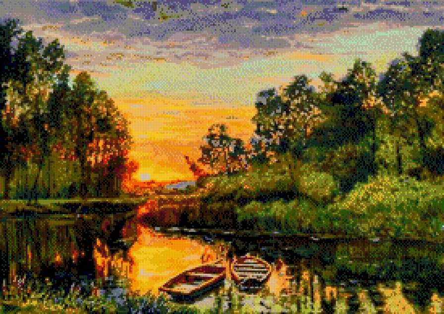 закат - озеро, солнце, лодки, природа, лес - предпросмотр