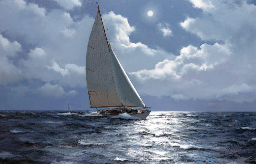 Белеет парус.... - море, парус, парусник, луна, ночь - оригинал