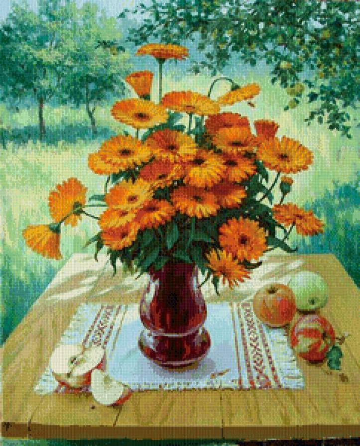 летнее настроение - цветы, яблоки, натюрморт - предпросмотр