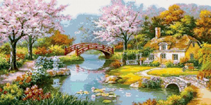 художник Сунг Ким - сказочный пейзаж - домик, деревья в цвету, природа, весна - предпросмотр