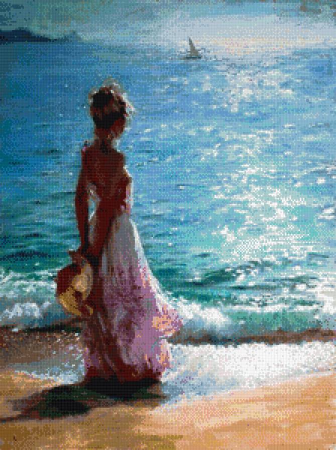 девушка на берегу моря - девушка, прибой, парус, море - предпросмотр
