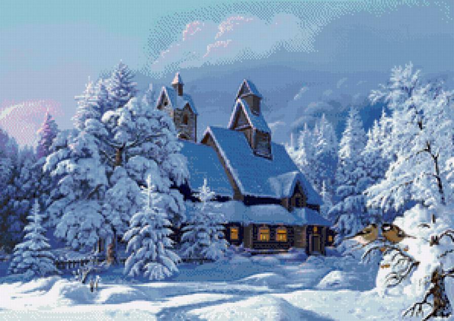 Зимний дом - дом, синицы, зима - предпросмотр