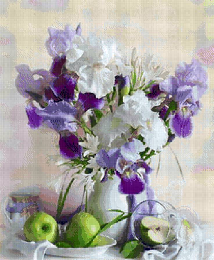 натютморт - яблоки, ирисы - предпросмотр