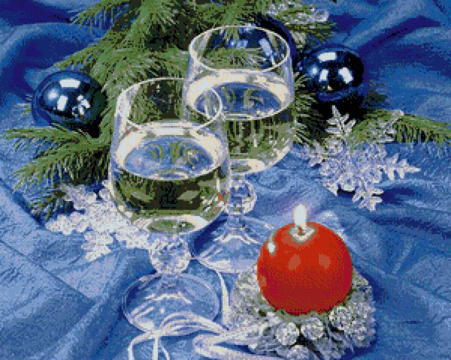 Свеча горела на столе - фужеры, свечи, шампанское, ель, новый год - предпросмотр