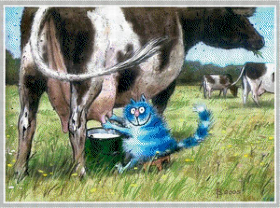 Синий кот - доить, синий кот, пастбище, кот, корова - предпросмотр