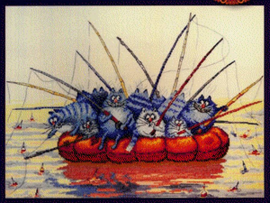 Рыбалка - кот, рыбалка, коты в лодке, коты, синий кот - предпросмотр