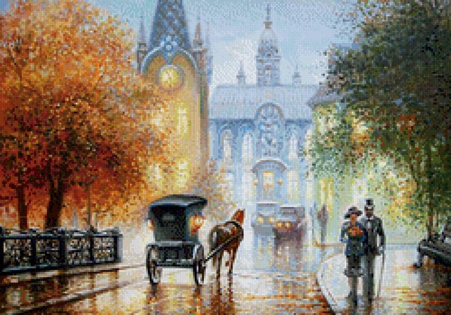 Осеннее настроение - жанровая сцена, осень, городской пейзаж, прогулка, дождь - предпросмотр