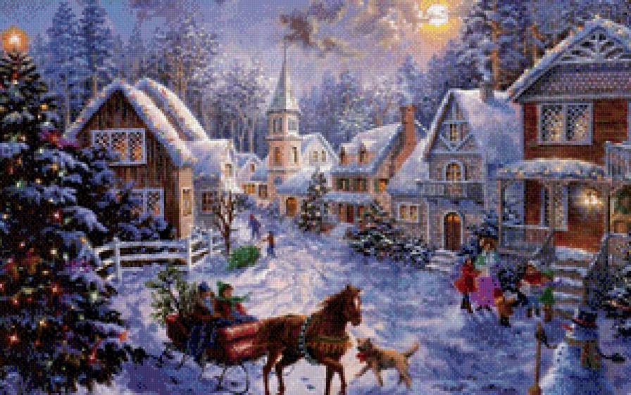 Перед рождеством - елка, дома, снег, люди, лошадь - предпросмотр