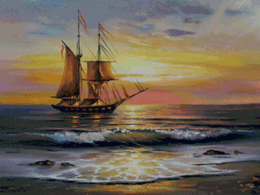 закат - море, корабль, природа, пейзаж - предпросмотр