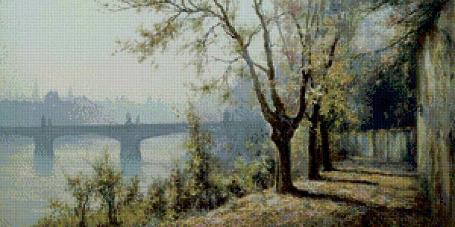 пейзаж - осень, туман, река, дымка, мост.природа, набережная - предпросмотр