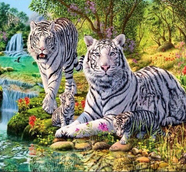 Белые тигры у водопада 2 - оригинал