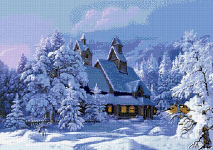 зима - синички, снег, вечер, природа, картина виктора цыганова, дом - предпросмотр