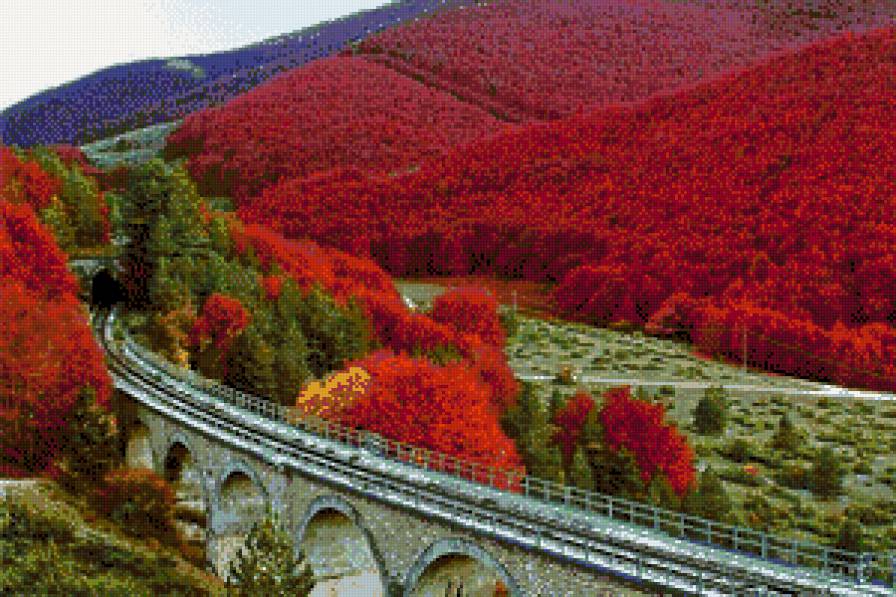 Пейзаж - мост, деревья, железная дорога, равнины - предпросмотр