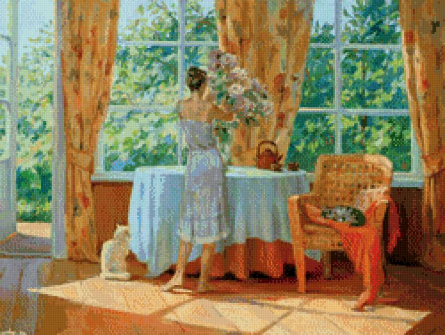 На веранде - девушка, живопись, коты, искусство, картина - предпросмотр