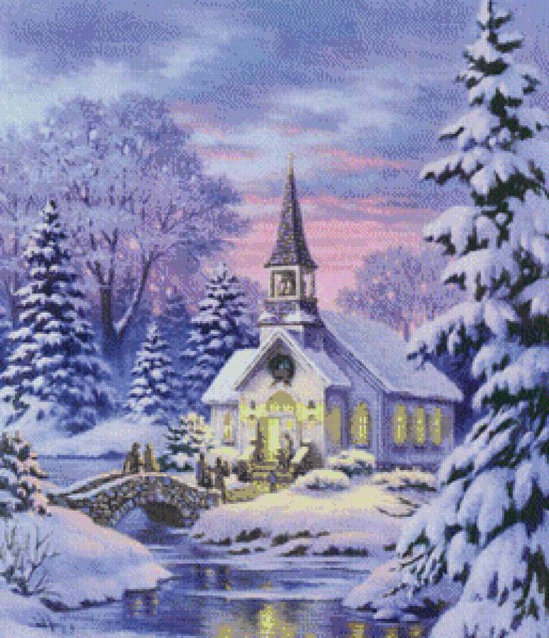 зимний вечер - река, снег, зима, дом, елки, мост - предпросмотр