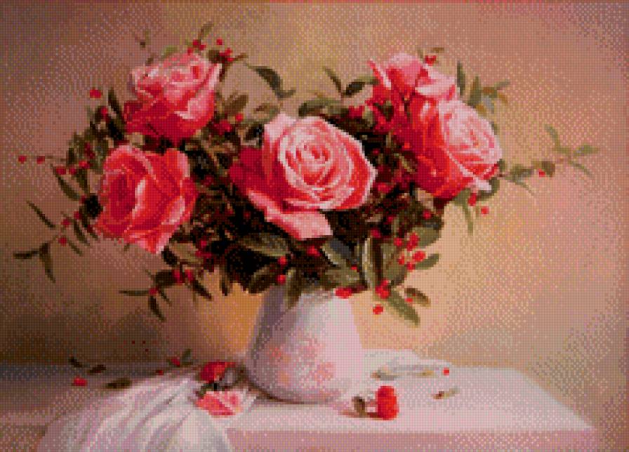 Розы в белой вазе - предпросмотр