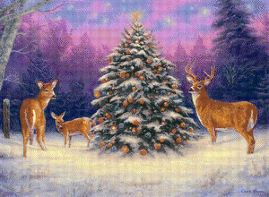 Рождество - олени, снег, елка, лес - предпросмотр