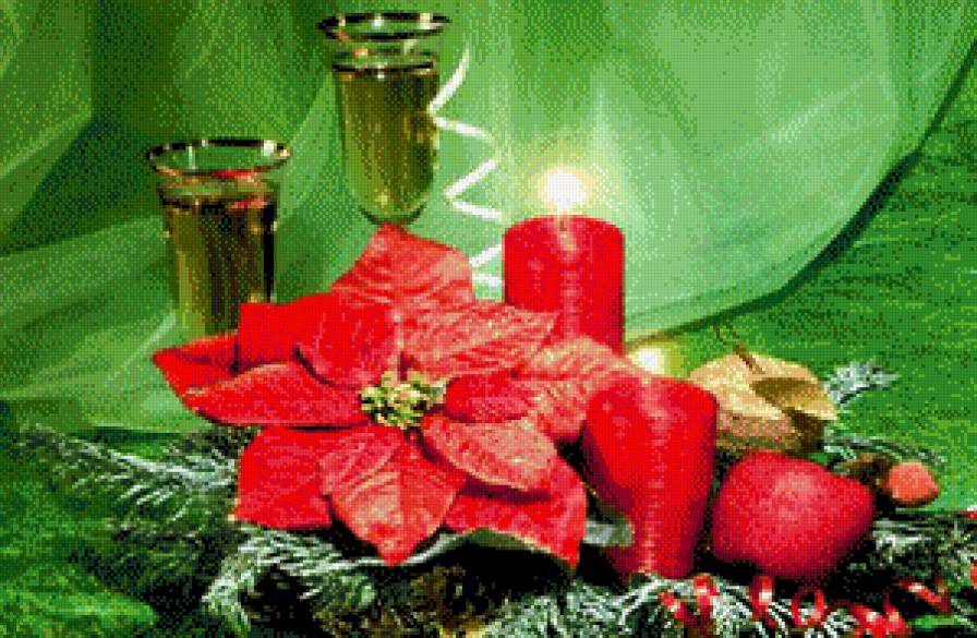 Свеча горела на столе - шампанское, свеча, цветок.ветка ели - предпросмотр