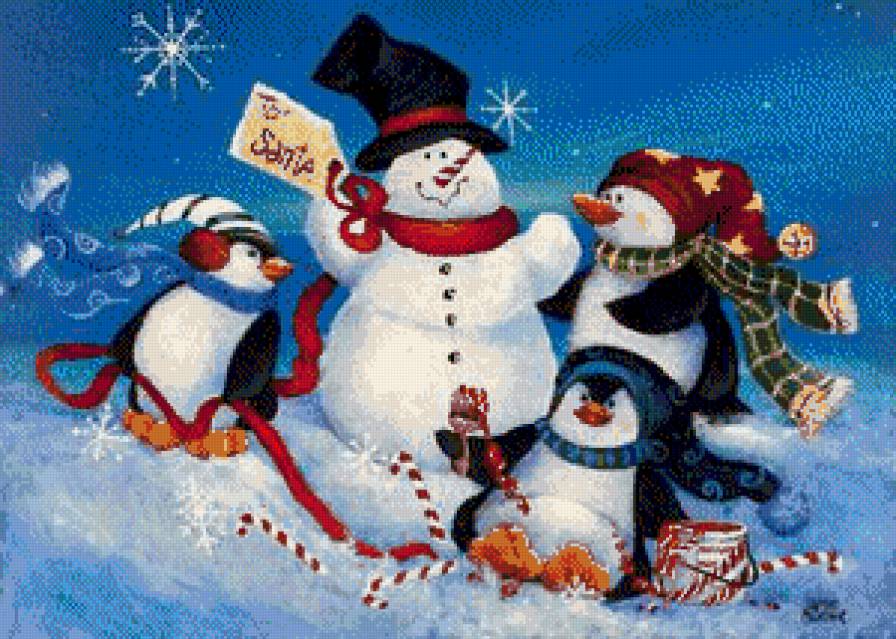 снеговик и пингвины - рождество - предпросмотр