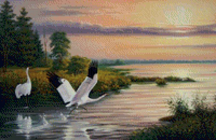 пейзаж - озеро, журавли, птицы, природа, закат, пейзаж - предпросмотр