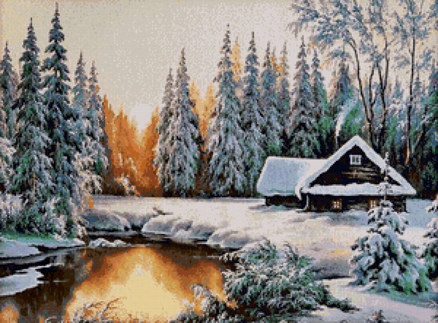 домик в лесу - зима, река, домик, лес - предпросмотр