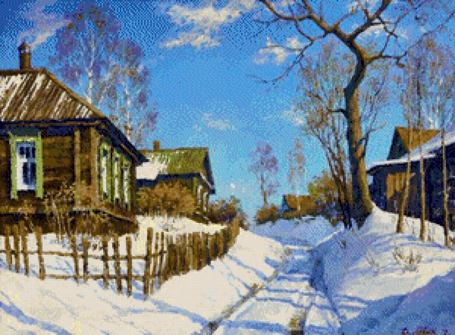 зима в деревне - деревья, снег, домики, двор - предпросмотр