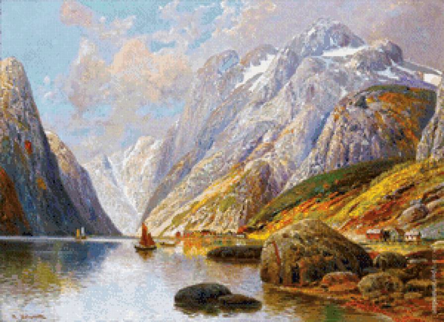 Пейзаж - цветы, дом, пейзаж, вода - предпросмотр